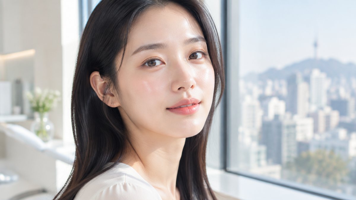 Young woman with glowing glass skin after a Korean skin treatment in Seoul