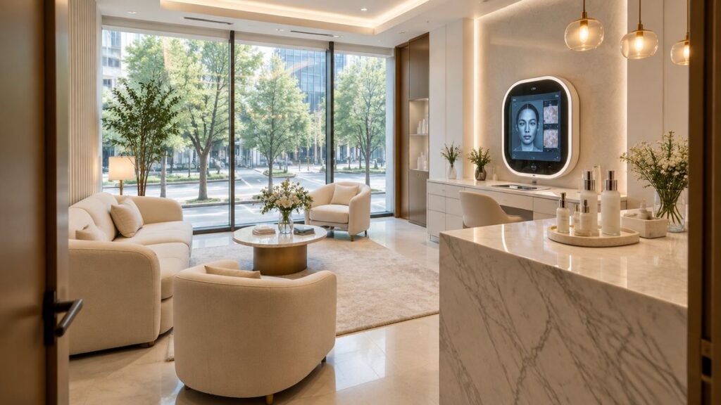 Treatment room at a dermatology clinic in Gangnam, Seoul, prepared for a Korean skin treatment