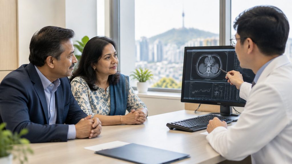 Indian couple reviewing health check-up results with a Korean doctor in Seoul