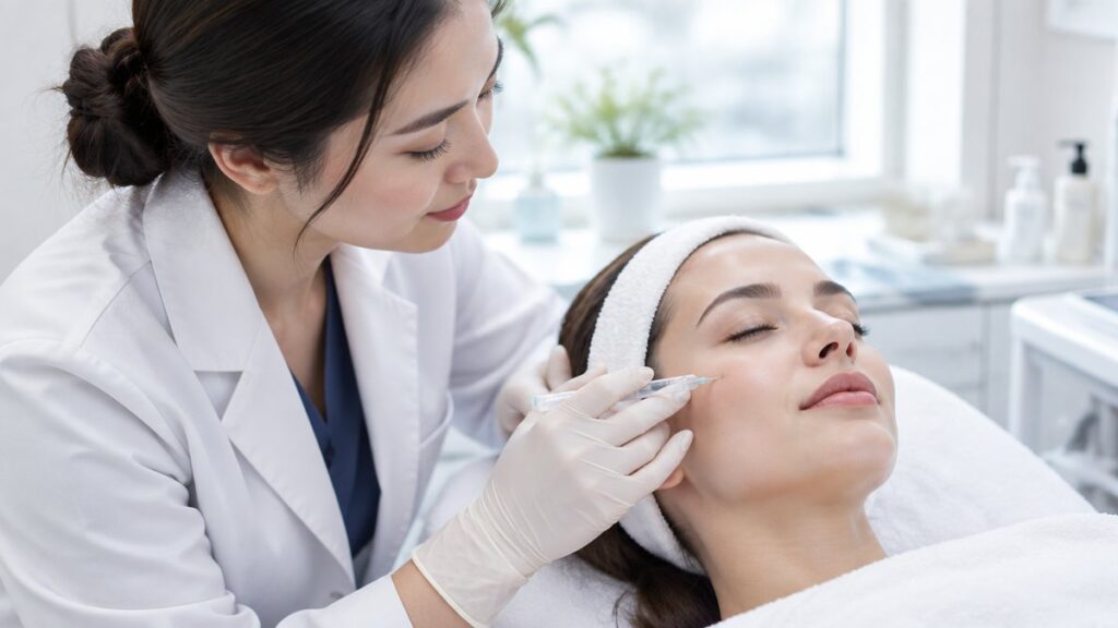 Dermatologist performing a skin booster session on a woman at a Seoul clinic