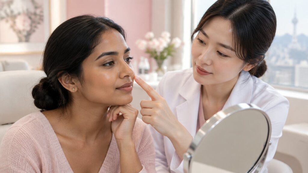 Indian woman discussing a Korean skin treatment plan with a dermatologist in Seoul