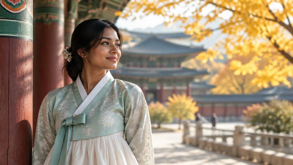 Indian woman in hanbok walking through Gyeongbokgung Palace grounds in Seoul